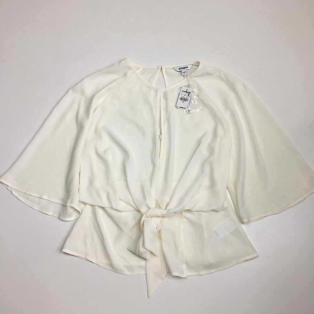 NWT EXPRESS Keyhole/Cut Out Ivory Sheer Tie Knot Front Short Sleeve Blouse Shirt